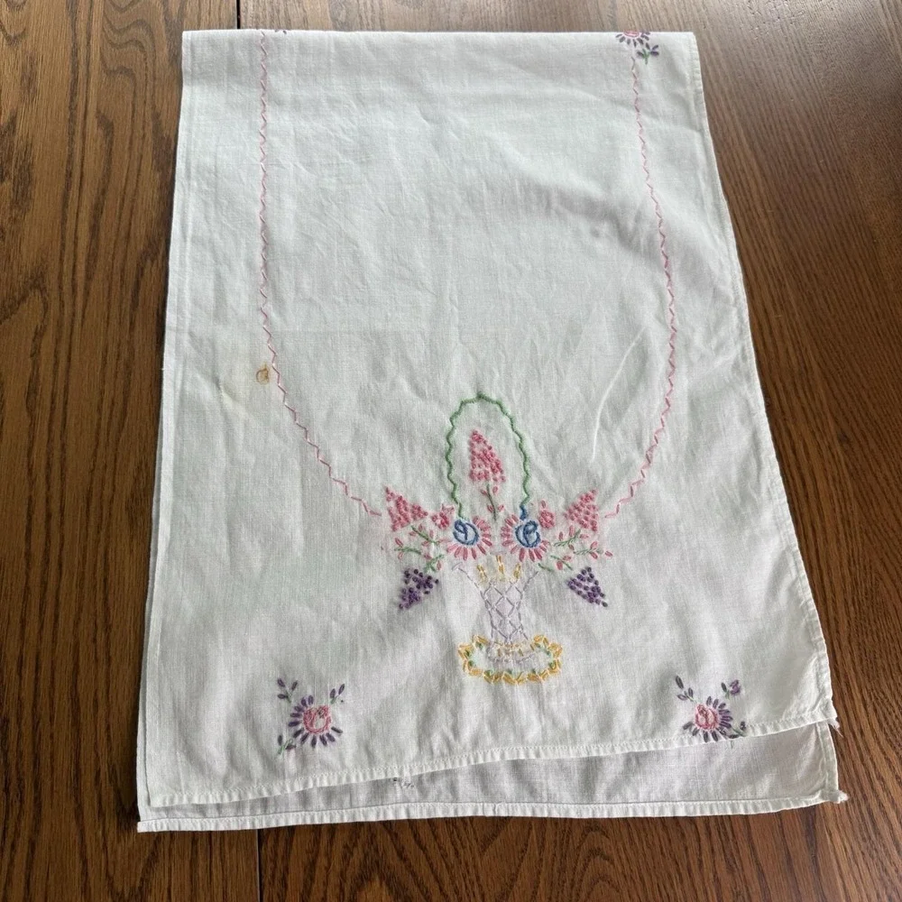 Vtg Embroidered Crochet Dresser Scarf Table Runner Flower Basket Thin Fabric EUC